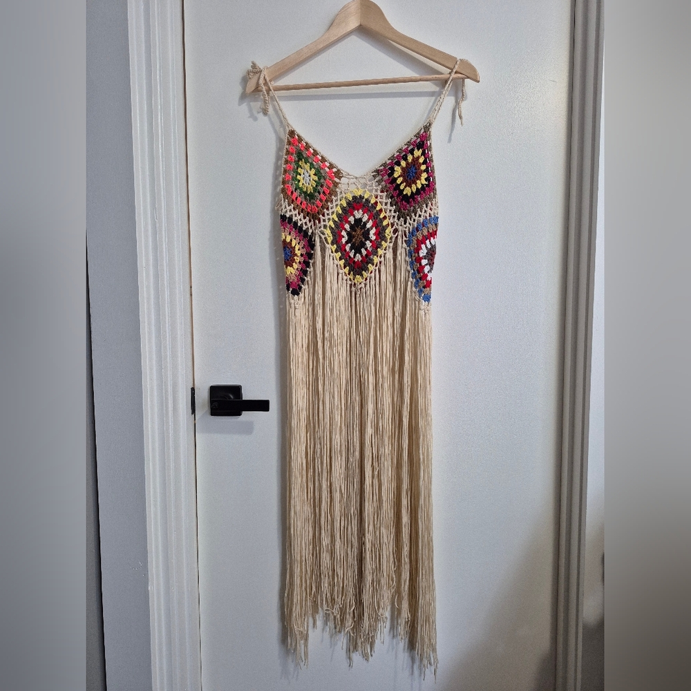 Bohemian NWOT Crochet Long Fringe Top Festival Rave Beach Coverup